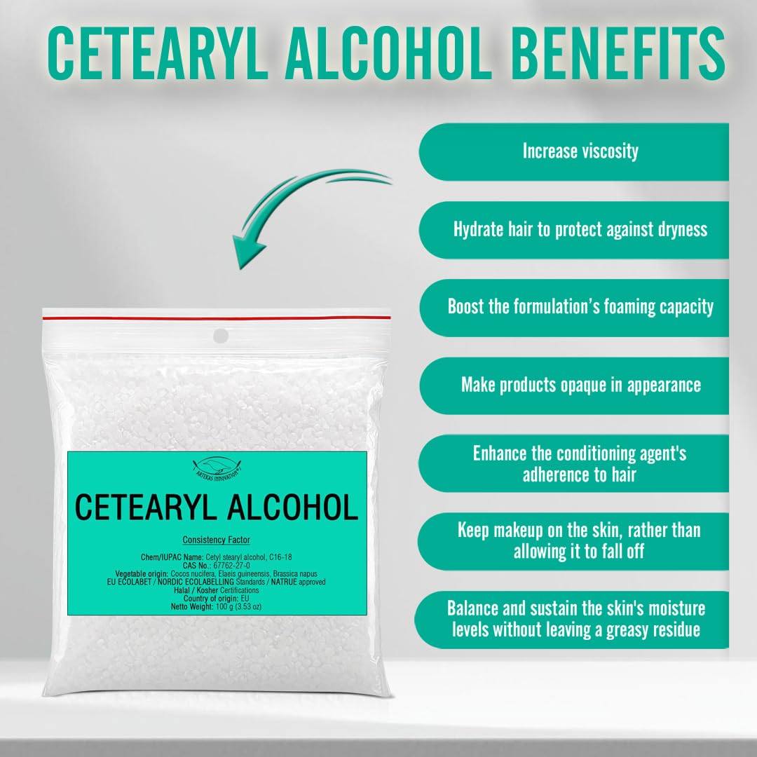 Cetearyl Alcohol for DIY Cosmetics - Natural Thickening Agent & Emulsifier for Lipsticks, Body Butter, Lotions, Hair Conditioners - 21.17 oz - Perfect for Homemade Skincare and Haircare Products