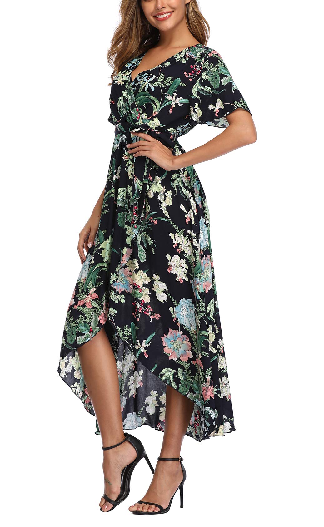 Boho Floral Maxi Dress for Women - Short Sleeve Wrap Summer Beach Dress with Side Slit | Perfect for Beach Vacations, Pool Parties & Tropical Getaways
