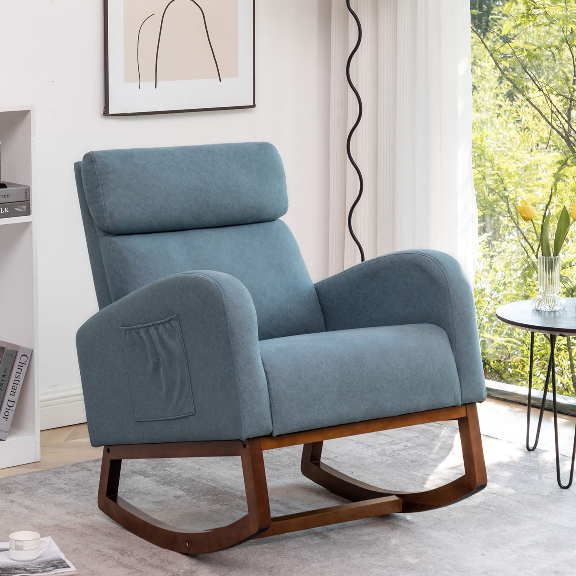 Andeworld Rocking Chair - Nursery Glider & Living Room Accent Chair, Upholstered High-Back Armchair with Faux Suede Fabric, Comfortable Rocking Chair for Baby Nursery, Bedroom, Office - Perfect for Nursing, Reading & Relaxing (Blue)