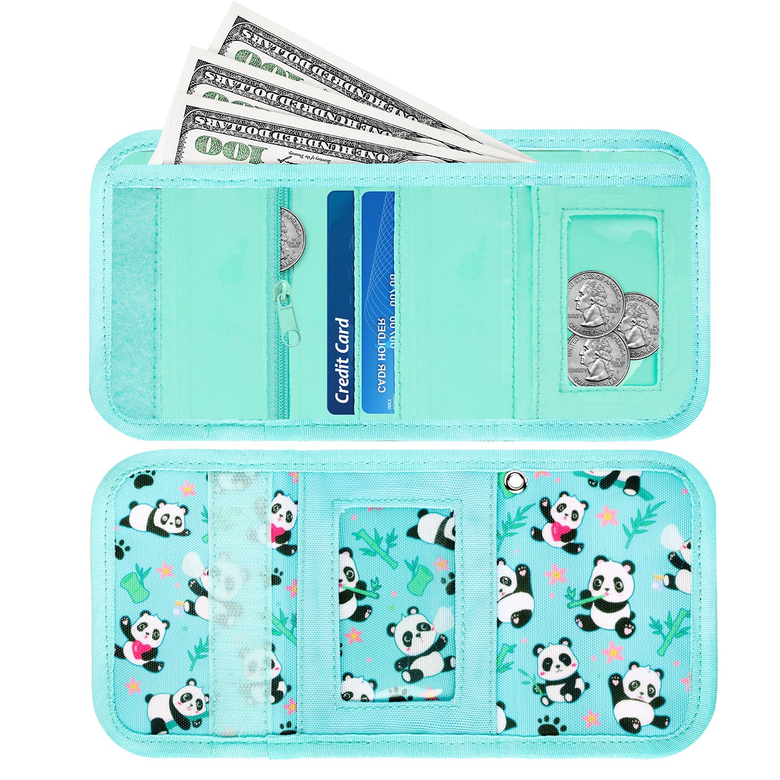 Cute Panda Kids Wallet for Girls Ages 4-10 - Small Toddler Wallet with Adjustable Lanyard (Green Teal) - Perfect for School, Travel & Birthday Gifts