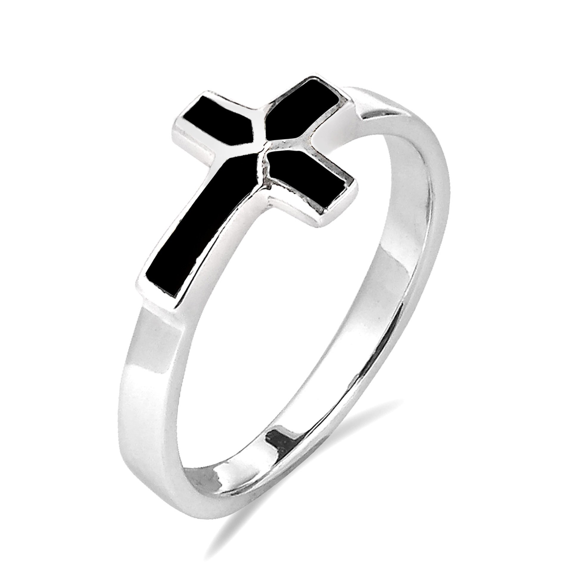 AeraVida Sideways Cross Simulated Black Onyx Inlay .925 Sterling Silver Ring for Women - Classic Wedding Band, Religious Jewelry, Comfort Fit Ring Sizes 6-9 | Perfect for Church, Daily Wear & Special Occasions