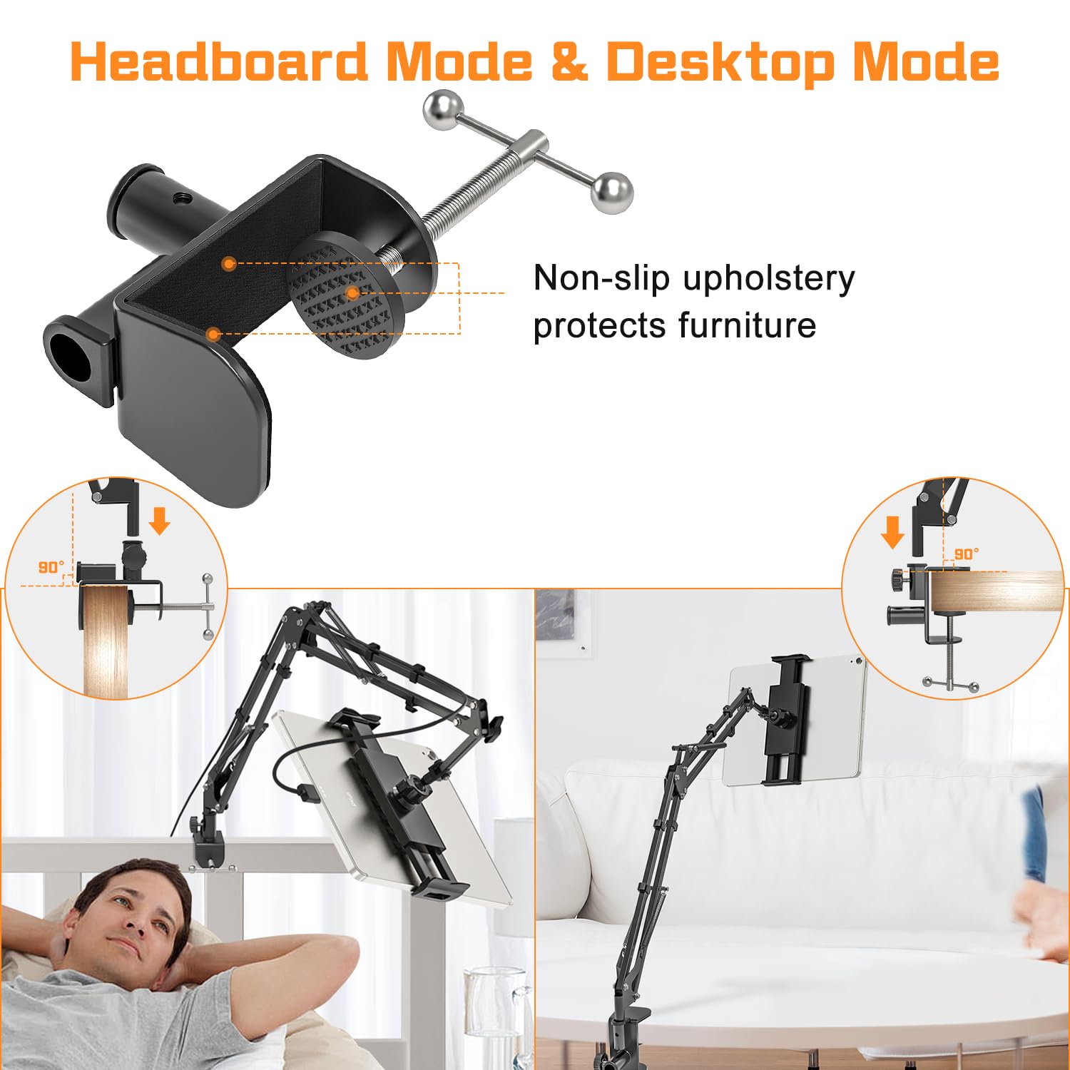 JUBORUI 360° Rotating Tablet Stand for Bed - Adjustable iPad Holder with 2 Sturdy Metal Arms for iPad Pro/Air/Mini 4.7