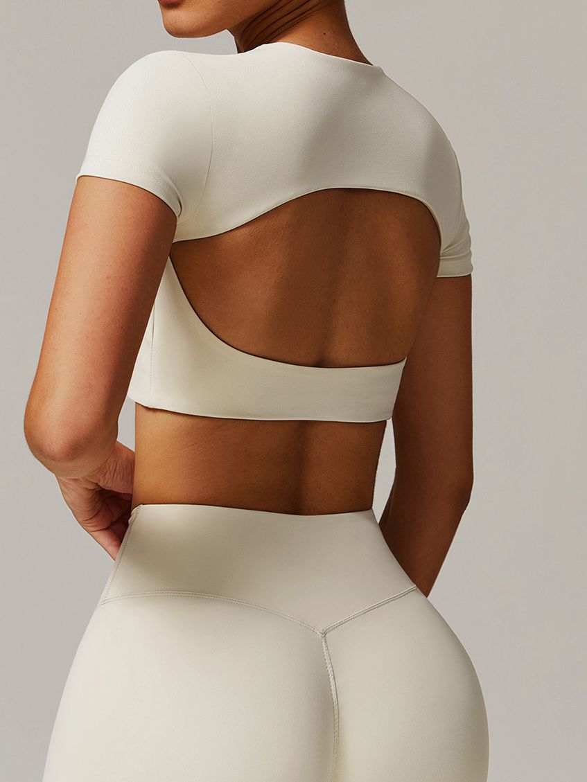 ZASUWA Women's Solid Color Backless Crop Top with Built-in Pads - Short Sleeve Casual Shirt for Summer, Beach, and Party Wear