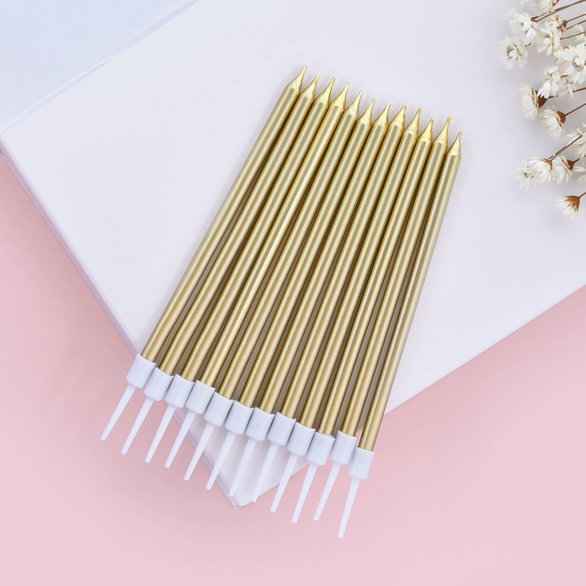 Bella Meri Champagne Gold Long Thin Metallic Birthday Candles - Elegant Cake Candles for Birthday Parties, Wedding Decorations & Special Celebrations | Perfect for Cakes, Cupcakes & Dessert Tables