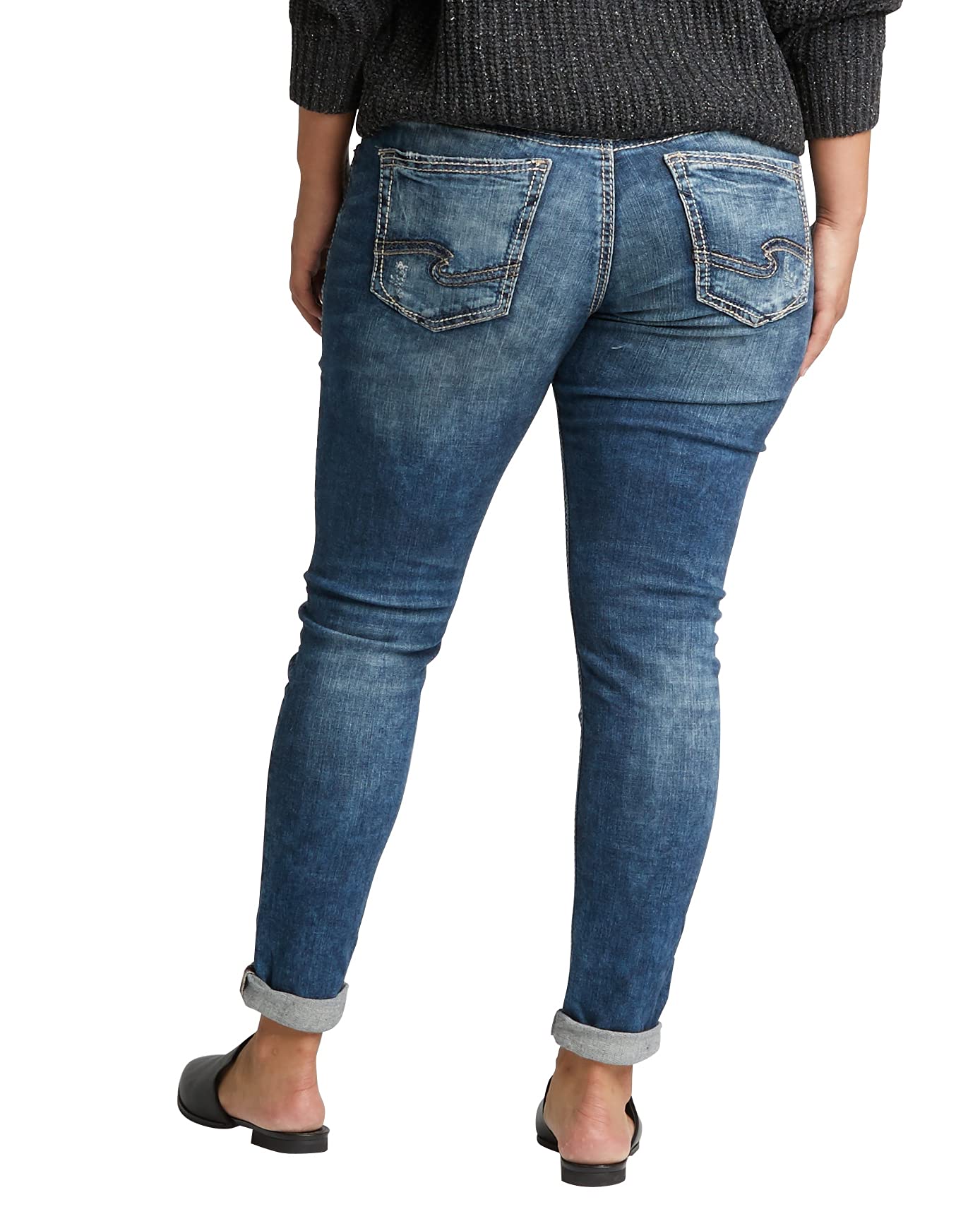 Silver Jeans Co. Women's Plus Size Girlfriend Mid Rise Skinny Jeans - Stretch Denim Pants for Curvy Women | Comfortable & Stylish for Casual Wear, Office & Date Nights