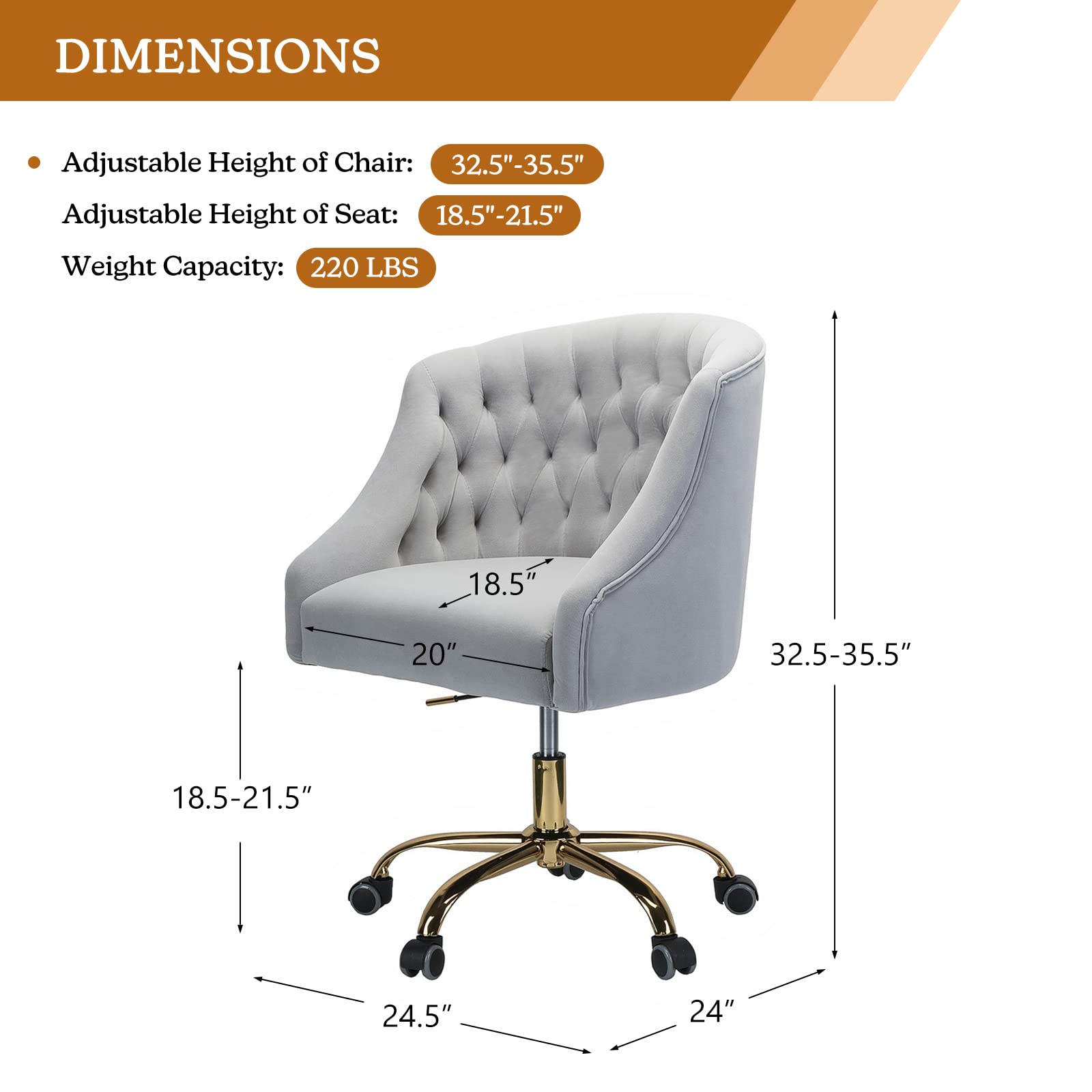 Luxury Velvet Home Office Chair with Gold Base - Modern Adjustable Swivel Task Chair for Living Room, Bedroom & Study - Ergonomic Comfort Desk Chair (Grey) - Perfect for Remote Work, Gaming & Vanity Areas
