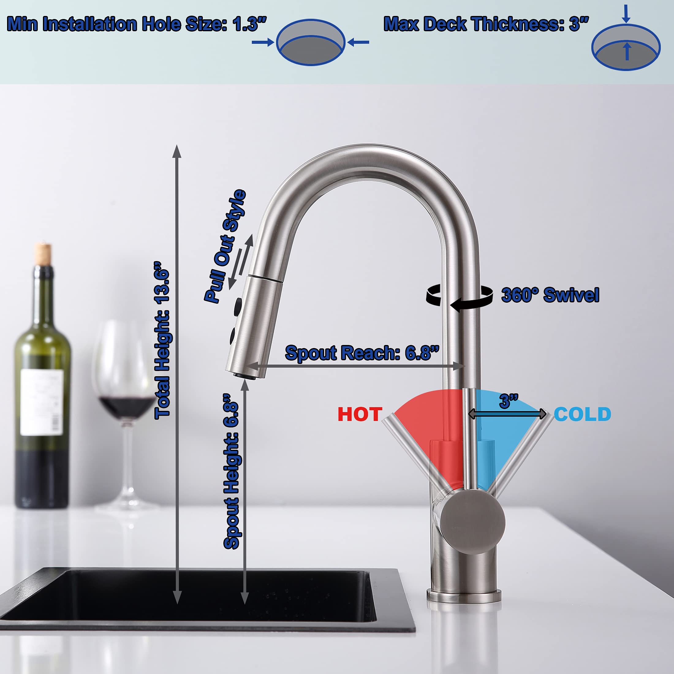 JXMMP Single Handle Pull-Out Sprayer Bar Faucet - Brushed Nickel Stainless Steel Kitchen Sink Faucet with cUPC Supply Hose - Perfect for Small Kitchens, Wet Bars & Home Bars