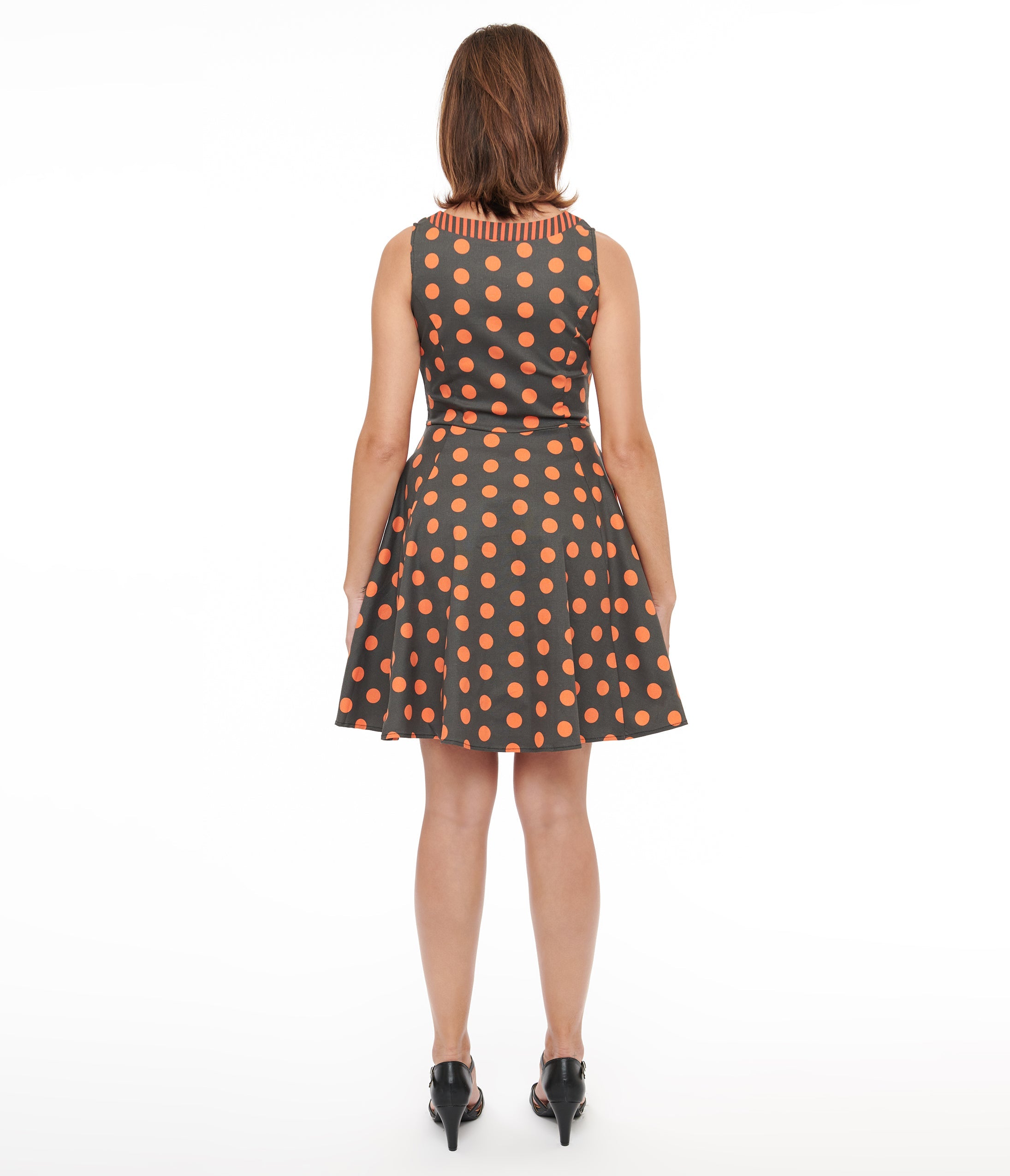 Vintage 1950s Black & Orange Polka Dot Fit & Flare Dress - Retro Swing Dress for Women, Perfect for Cocktail Parties, Dances & Themed Events