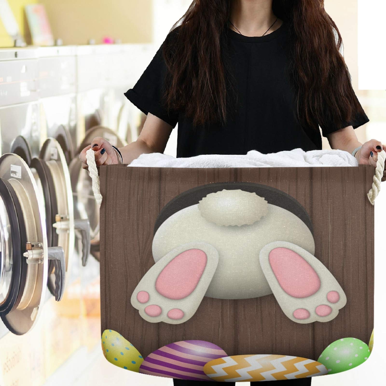 Visesunny White Bunny Easter Eggs Collapsible Fabric Storage Basket - Dark Brown Wooden Pattern Laundry Bin for Clothes, Toys & Organizing - Perfect for Bathroom, Bedroom, Nursery & Closet Storage Solutions