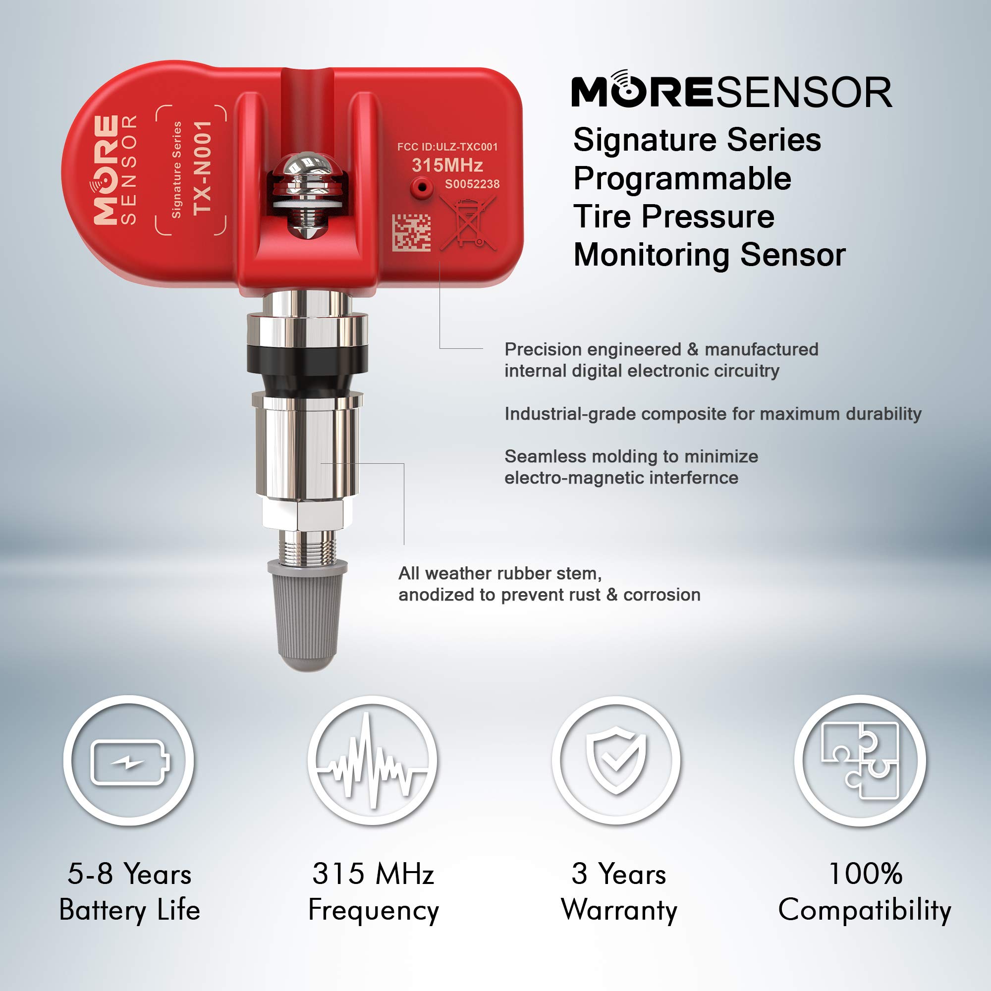 MORESENSOR Signature Series 315 MHz Universal Programmable TPMS Tire Pressure Sensor 10-Pack | Clamp-in Aluminum Valve | TX-N001-10 | Compatible with Most Vehicles | Easy Installation for Car, Truck & SUV Tires