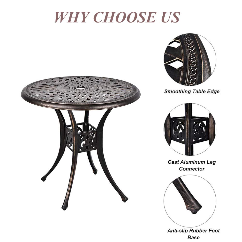 3-Piece Cast Aluminum Bistro Set with 2 Arm Chairs & Umbrella Hole - Antique Bronze Finish Patio Furniture for Outdoor Dining, Garden, Balcony or Poolside (Flower Pattern Table + 2 Chairs) | Perfect for Small Spaces, Morning Coffee & Relaxing Outdoors
