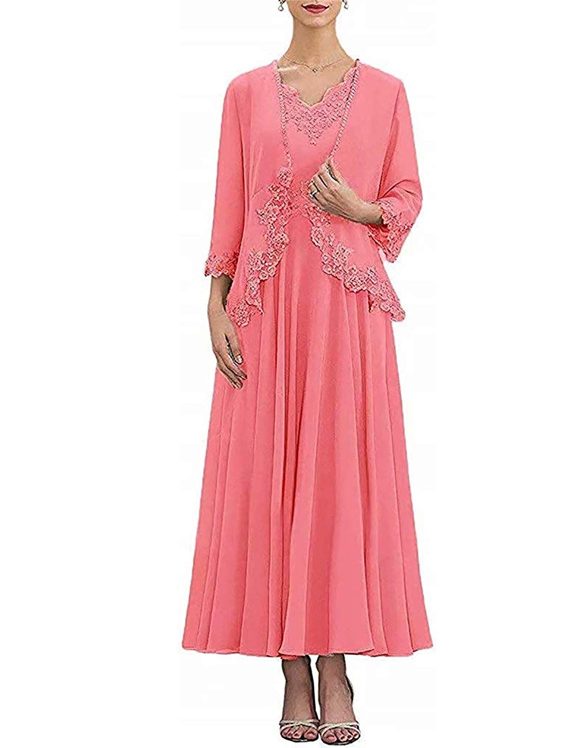 Elegant Chiffon Mother of The Bride Dress with Lace Applique & Jacket - Formal Evening Gown for Weddings, Receptions & Special Occasions