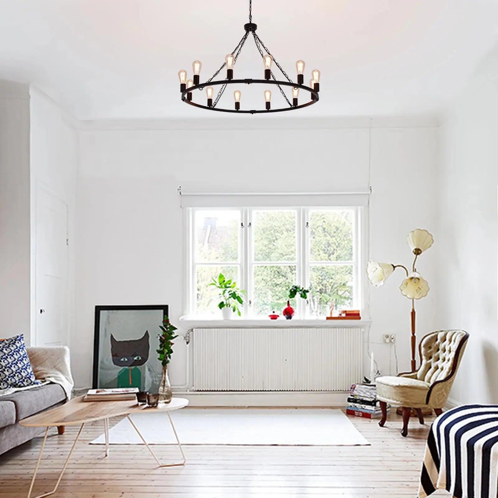 12-Light Black Metal Chandelier Fixture - Elegant Dining Room & Bedroom Ceiling Lighting for Modern Homes