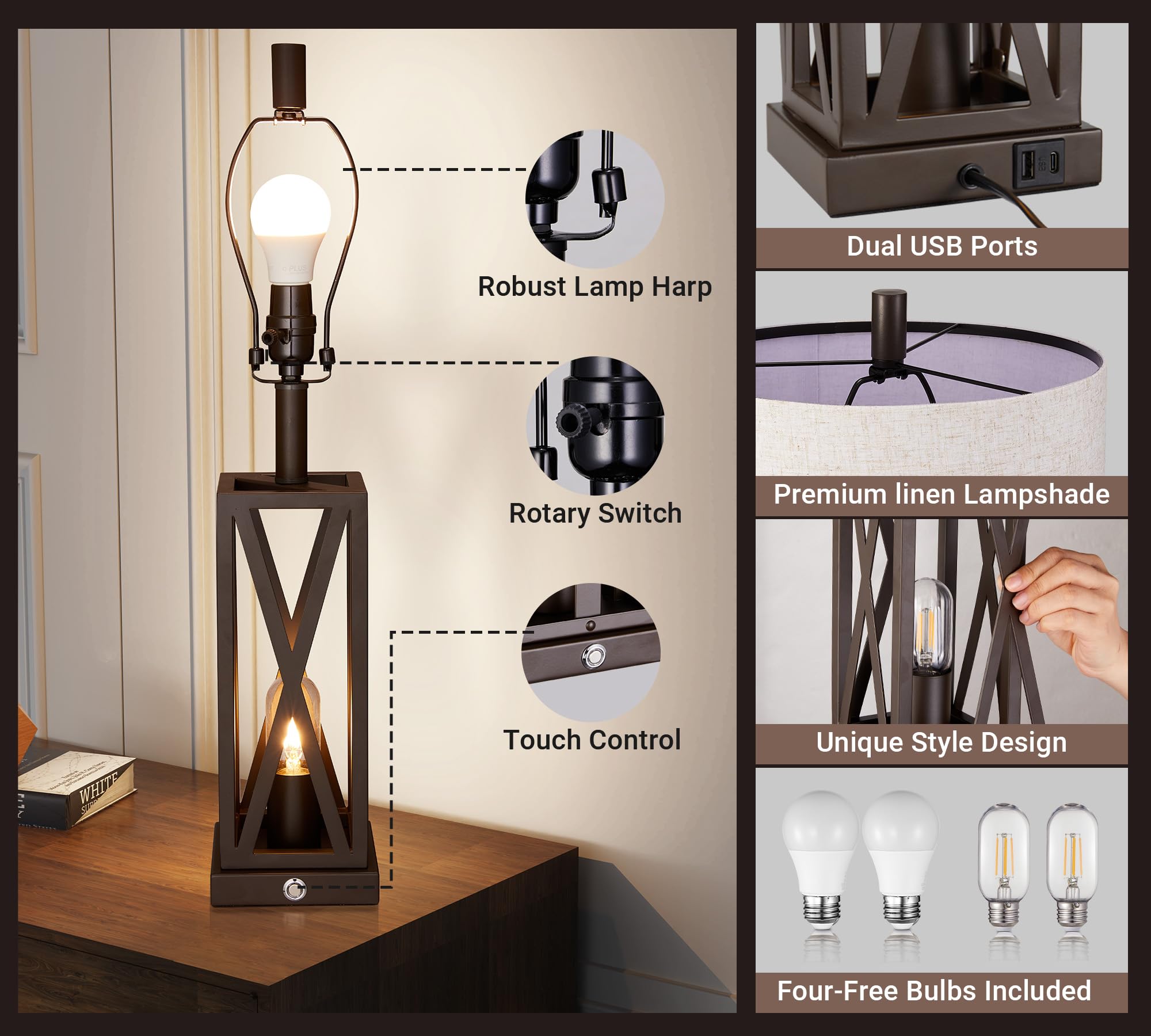 Set of 2 Modern Dimmable Bedside Lamps with USB Ports - 3-Way Touch Control Rustic Farmhouse Table Lamps for Bedroom, Living Room, Office - Includes 4 Warm White Bulbs (Brown Wood Finish) - Perfect for Night Reading, Home Decor & Gift Giving