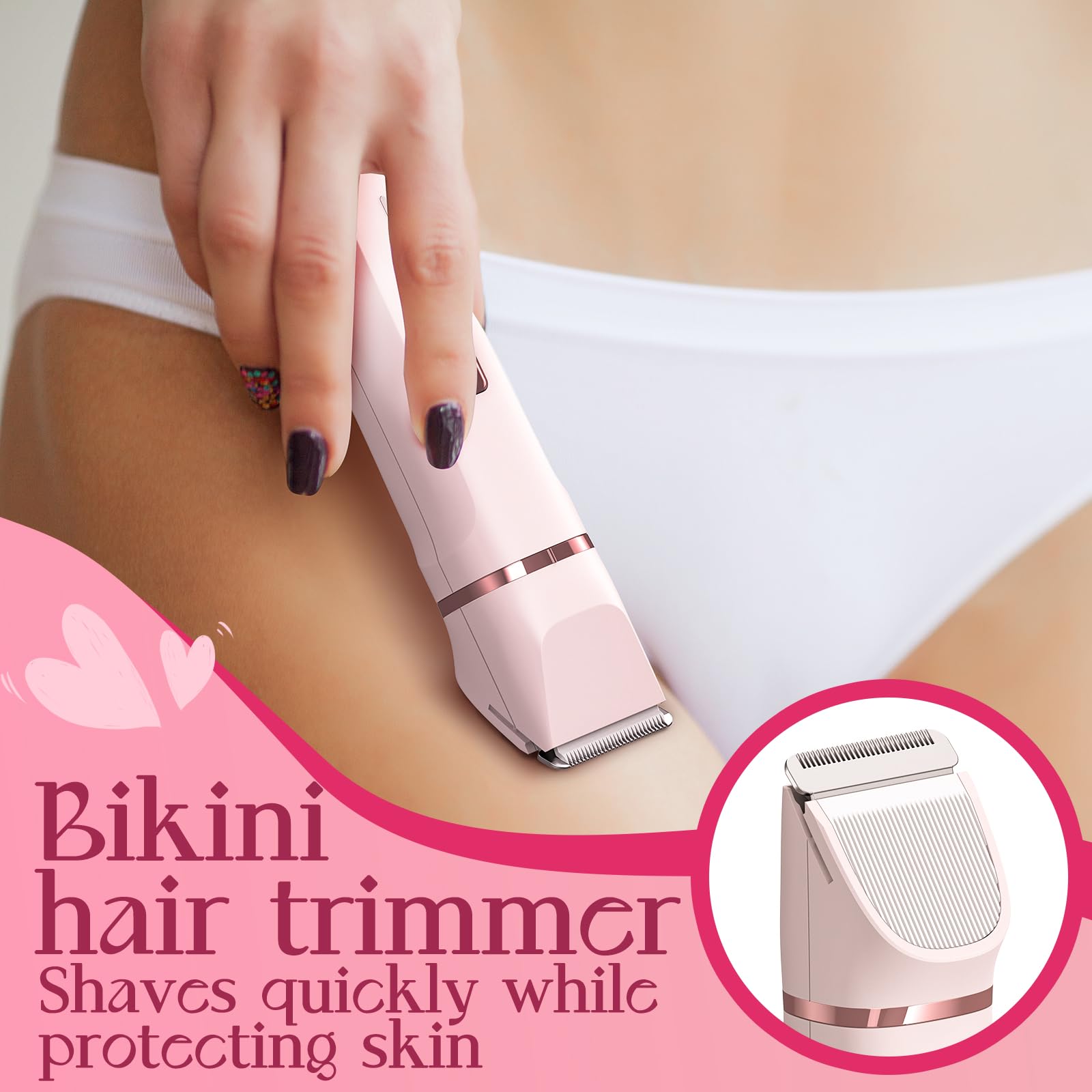 Pink Bikini Trimmer for Women with Replacement Blades - Painless Hair Removal for Sensitive Skin, Bikini Line, Underarms & Legs - Waterproof & Rechargeable Personal Grooming Kit