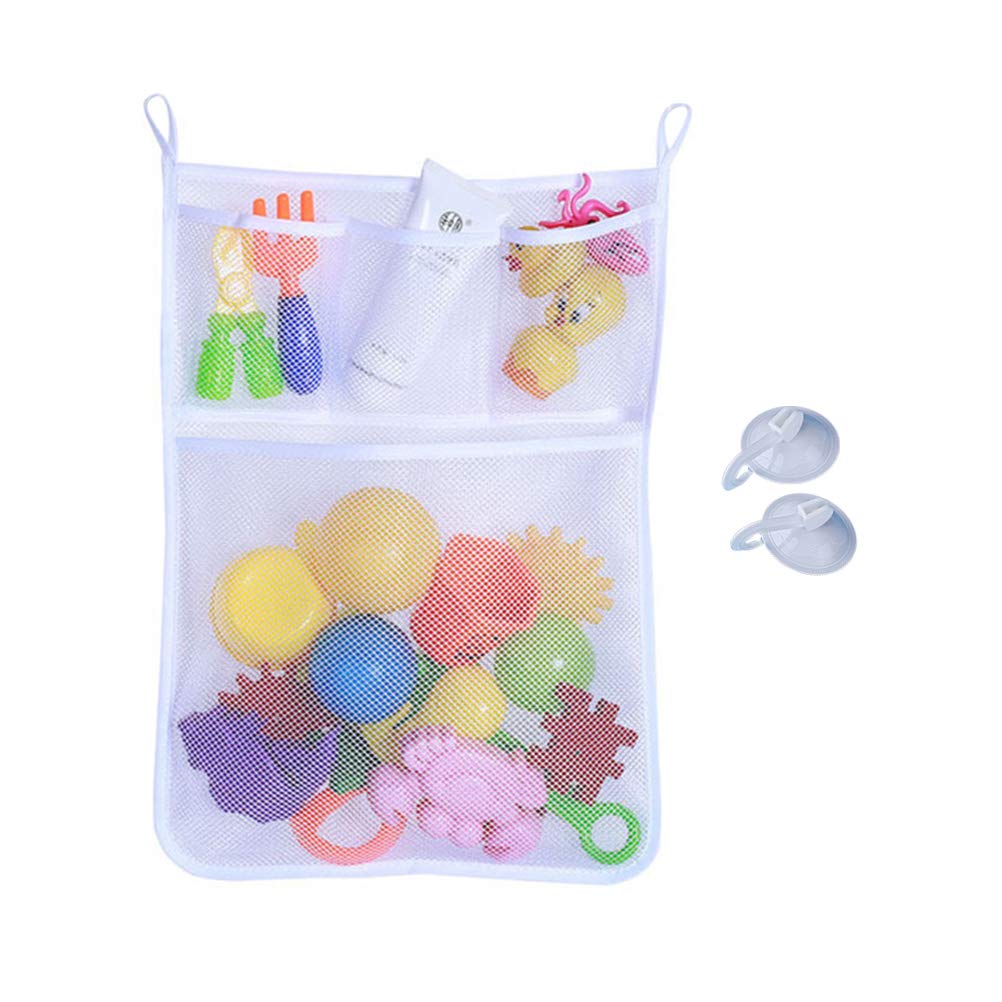 Cabilock Kids Toy Storage Hanging Organizer - Baby Bathroom Supplies Organizer with 2 Suction Cup Hooks & 2 Adhesive Hooks (White) - Perfect for Nursery, Playroom & Bathroom Organization