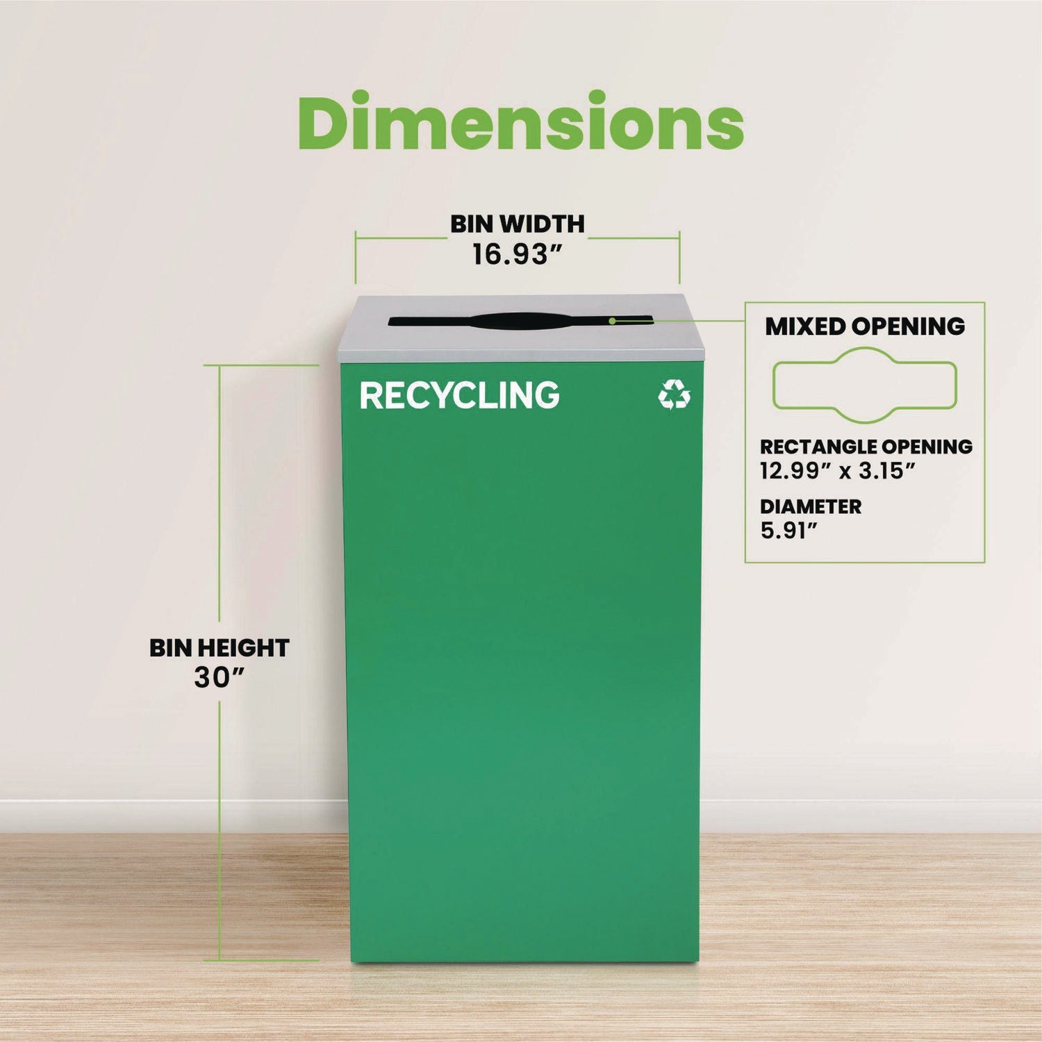 Alpine Industries 29 Gallon Steel Trash & Recycling Bin with Mixed Lid - Heavy Duty Green Waste Container for Kitchen, Office & Outdoor Use