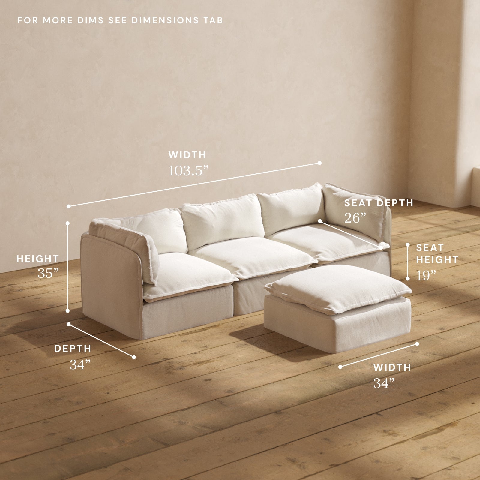 Premium Modular Performance 3-Seater Sofa with Ottoman in Luxe Flour Fabric - Modern Sectional Couch for Living Room, Lounge & Entertainment Spaces