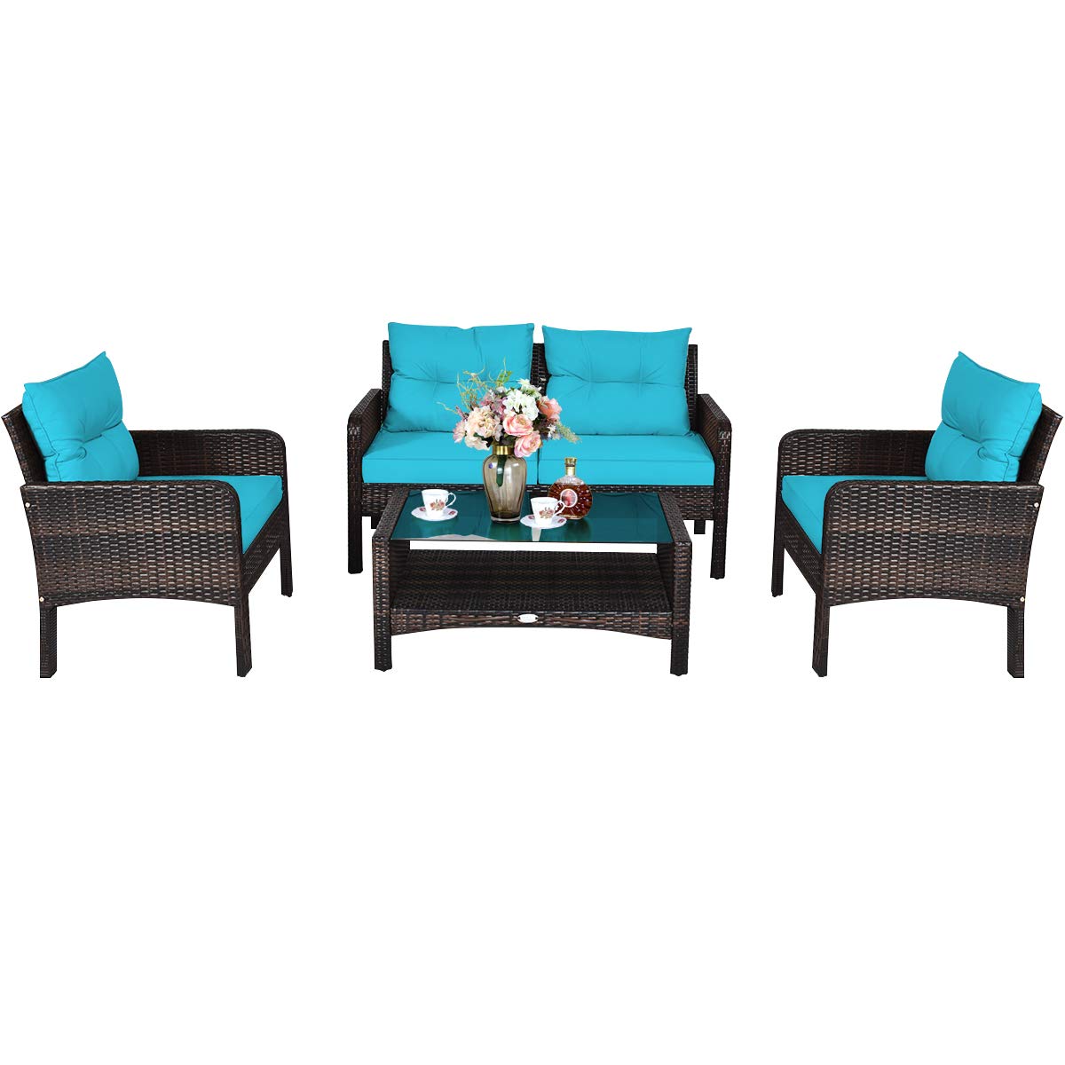 Tangkula 4-Piece Outdoor Patio Furniture Set - All-Weather Wicker Sofa Set with Glass Top Coffee Table & Thick Cushions - Turquoise Conversation Set for Porch, Garden, Poolside, Lawn & Backyard Relaxation