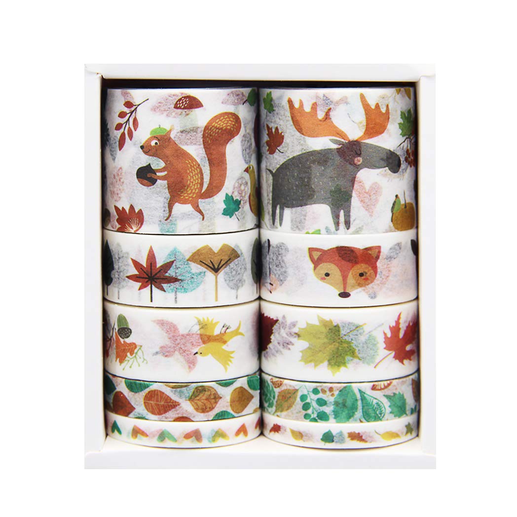 JOMOYEEH Washi Tape Set - 10 Rolls Decorative Masking Tape for Scrapbooking, Bullet Journal, Planners, Gift Wrapping, DIY Crafts (5mm,8mm,15mm,30mm, 2m Forest Design) - Perfect for Home Office, School Projects & Party Decorations