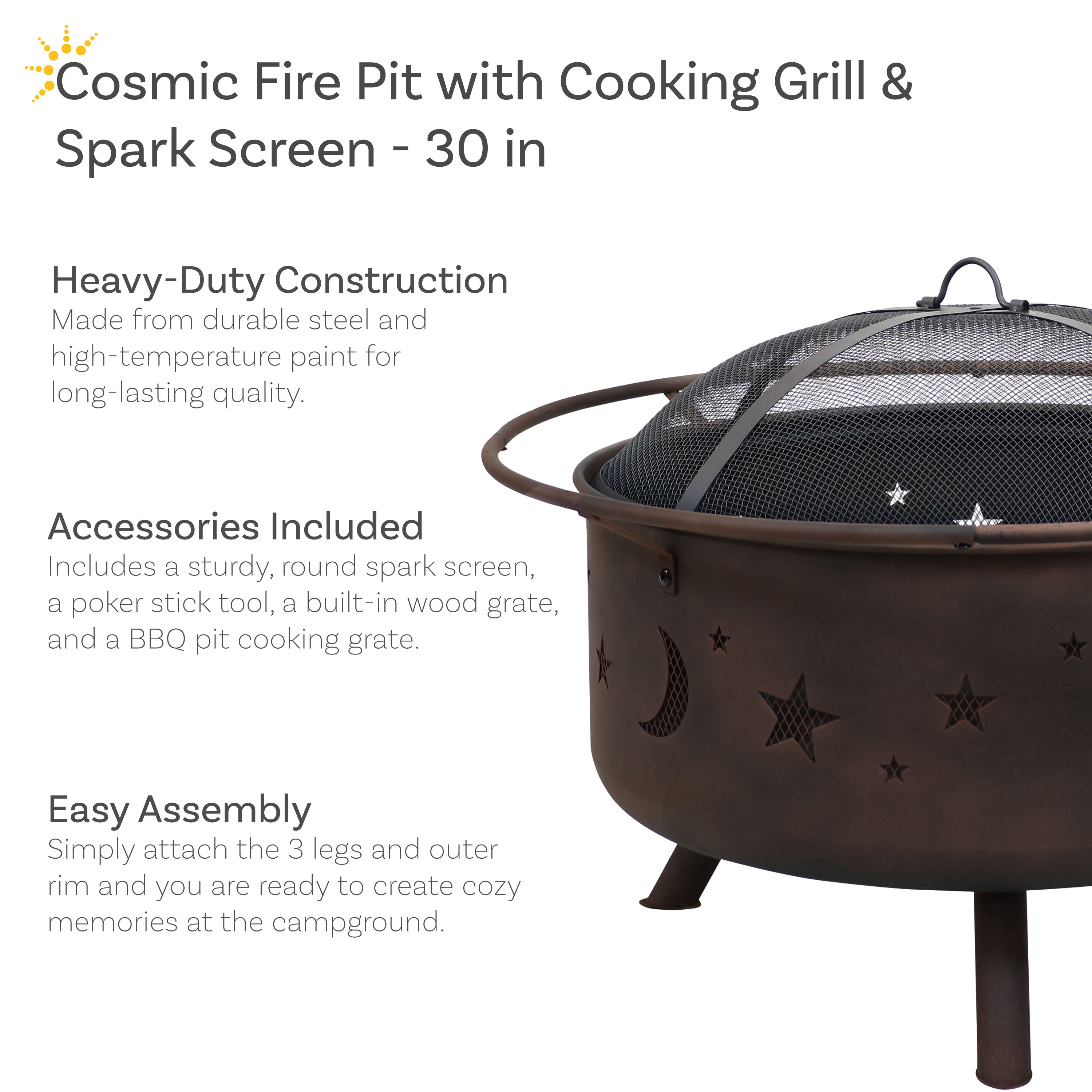 Sunnydaze 30-Inch Cosmic Cooking Fire Pit with Grill Grate & Spark Screen - Outdoor Camping, Backyard BBQ, and Patio Bonfire Cooking