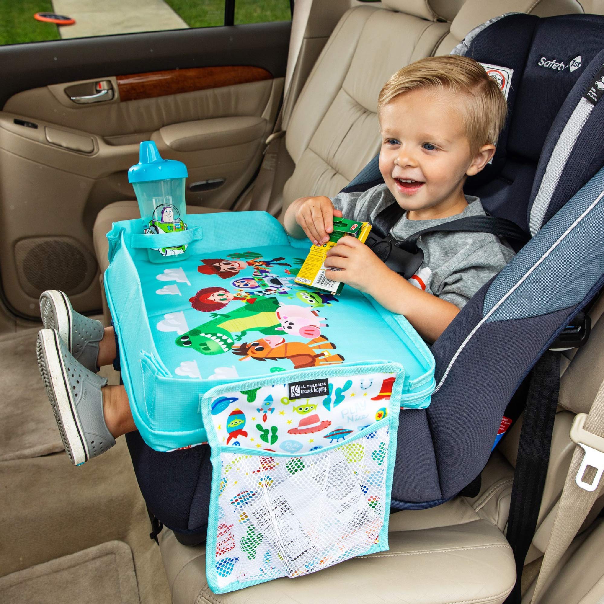 J.L. Childress Disney Baby 3-in-1 Travel Tray & iPad Tablet Holder - Car Seat Lap Tray for Toddlers and Kids - Portable Toddler Travel Accessories for Airplanes, Road Trips, and Lap Desk - Includes Toy Story Themed Tablet Holder and Carry Bag - Perfect for Road Trips, Air Travel, and Dining On-The-Go