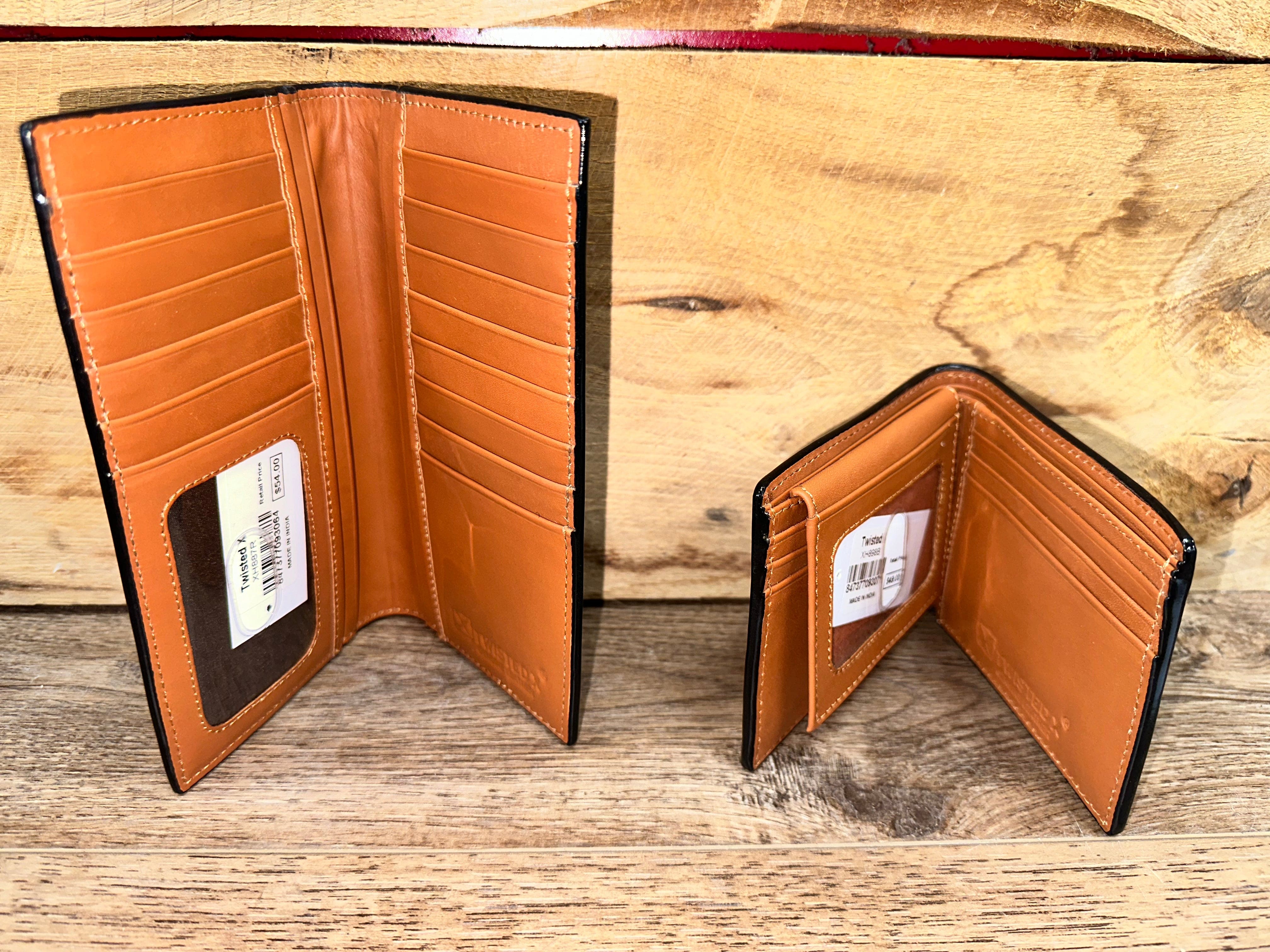 Handmade Floral Carved Leather Basket Tooling Rawhide Buckstitch Twisted X Wallet - Western Style Bifold Wallet for Men & Women - Perfect for Cowboy Boots, Rodeo Events and Country Fashion