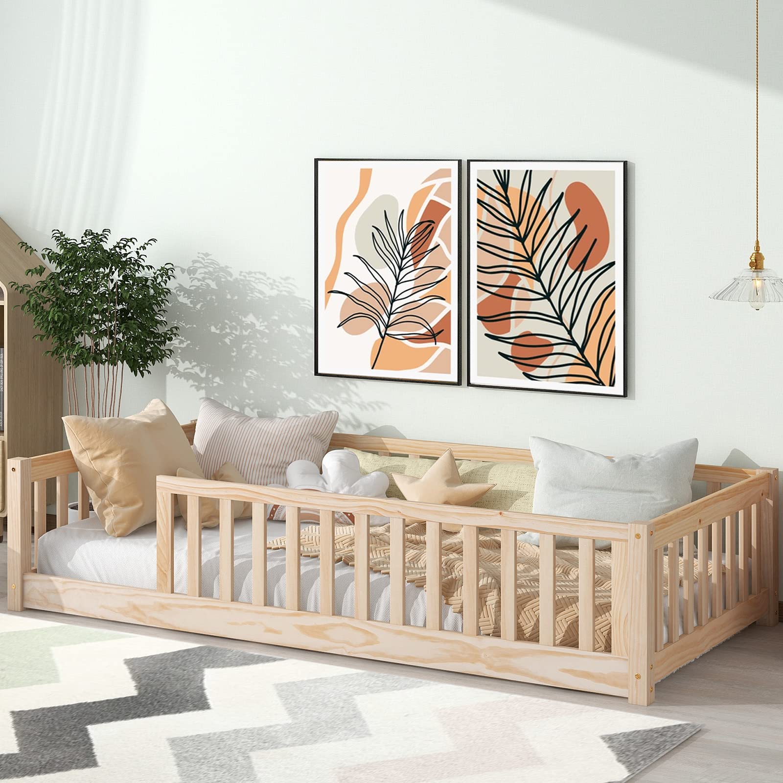 **Montessori Twin Floor Bed with Safety Guardrails & Slats - Kids Wood Bed Frame for Boys & Girls - Low Profile Toddler Bed for Safe Sleep & Play - Perfect for Montessori Rooms, Daycare, or Nursery**