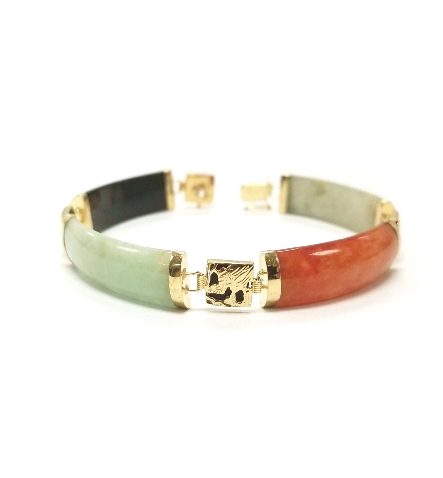 14K Yellow Gold Four Link Genuine Jadeite Bracelet 7