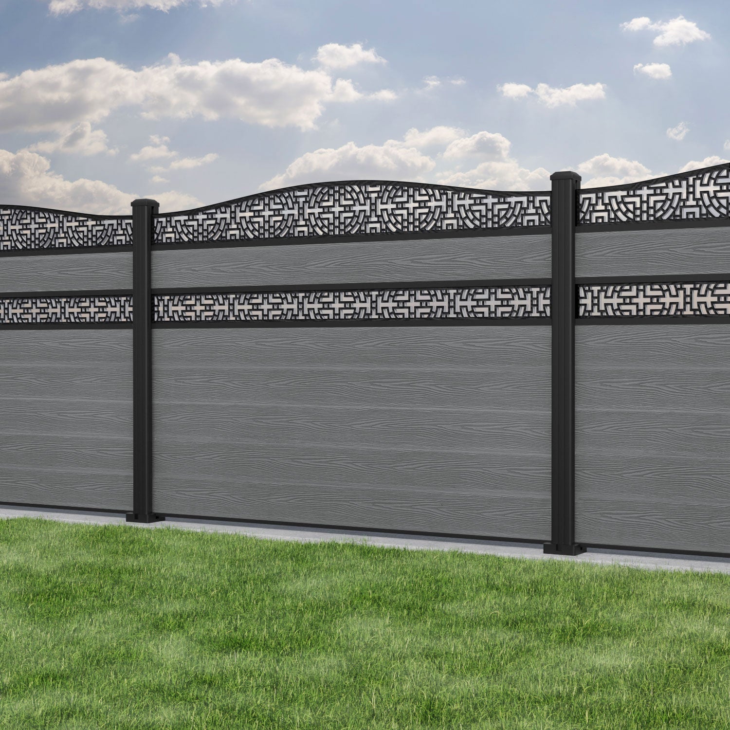 Classic Kumo Curved Top Split Screen Fence Panel - Mid Grey - with Aluminum Posts | Privacy Fencing for Backyard, Garden & Patio | Weather-Resistant Outdoor Decor