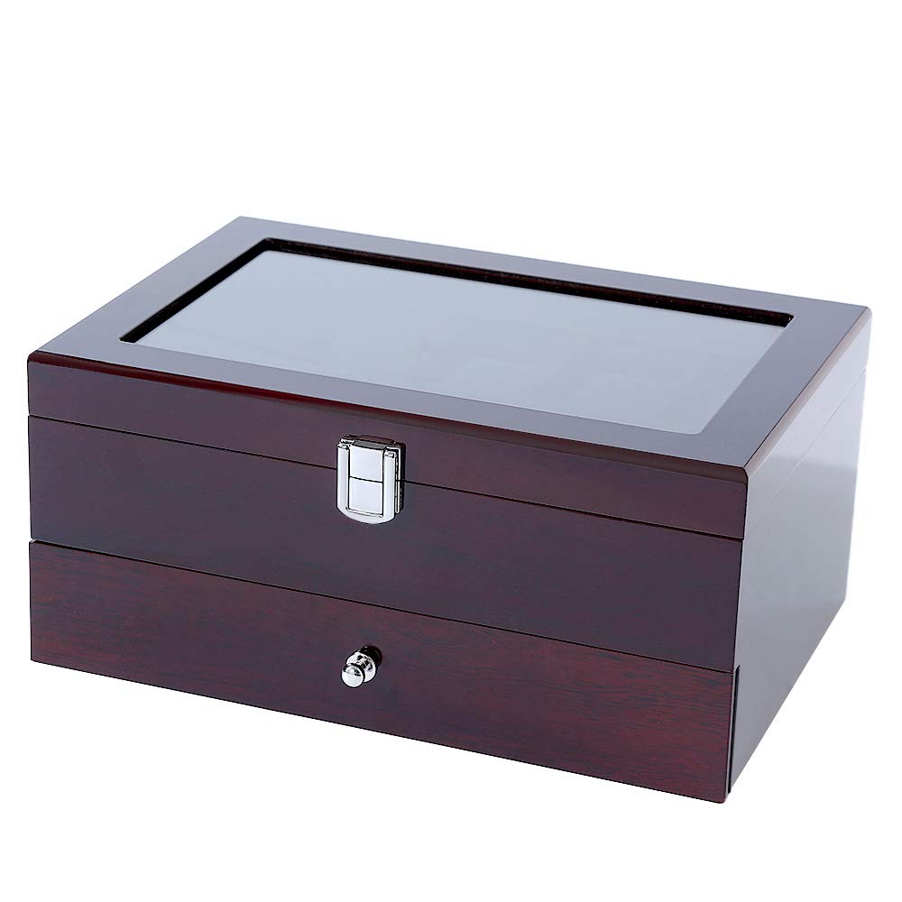 Men's Wooden Watch Box with 10 Slots & 4 Multi-Functional Compartments - Jewelry Organizer Storage Case with Real Glass Top - Perfect for Watch Collectors & Jewelry Display at Home or Office