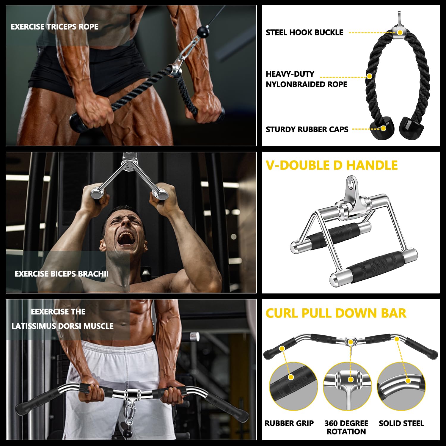 Heavy Duty Tricep Press Down & LAT Pulldown Cable Machine Attachments - Premium Home Gym Accessories for Strength Training & Muscle Building - Perfect for Triceps Workouts, Back Exercises & Full-Body Fitness Routines