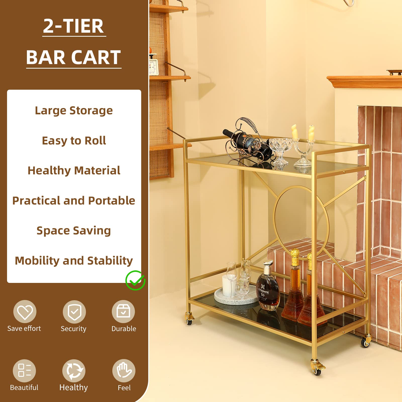 Palama Gold Bar Cart for Home - Easy Assembly with Only 4 Screws, 2-Tier Rolling Snack Cart with 2 Black Tempered Glass Shelves & Lockable Wheels - Perfect for Living Room, Dining Room, or Home Bar Entertaining