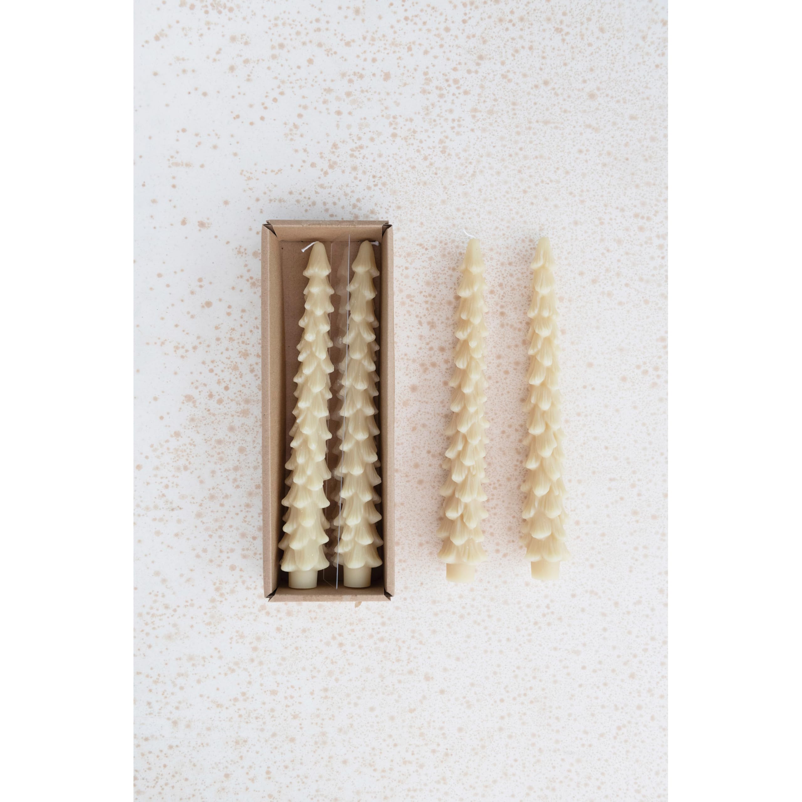 Creative Co-Op Unscented Christmas Tree Shaped Taper Candles - Set of 2 Eggnog Beige Candles for Holiday Table Decor, Mantel Display & Winter Centerpieces