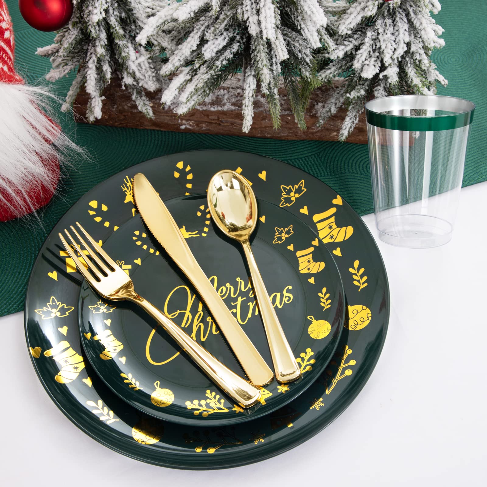 YOUBET 175-Piece Christmas Party Dinnerware Set - 25 Green Plastic Plates, 25 Gold Plastic Silverware (Knives, Forks, Spoons), 25 Cups & 25 Napkins - Holiday Tableware for Christmas Celebrations, Family Gatherings & Festive Decorations
