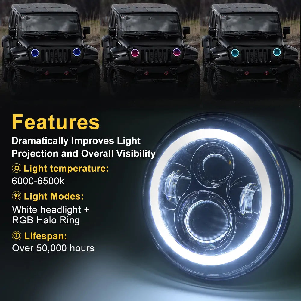 7 Inch RGB LED Headlight & 4 Inch RGB Fog Light Kit for Jeep Wrangler JK JL Gladiator JT - Off-Road Adventure & Night Driving Upgrade