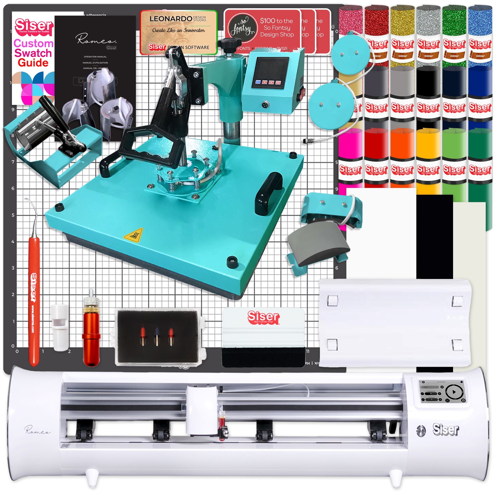 Siser Romeo Deluxe Easyweed Heat Transfer Vinyl (HTV) Bundle with 8-in-1 Heat Press Machine - DIY T-Shirt, Hoodie & Fabric Crafts for Custom Apparel & Home Decor Projects