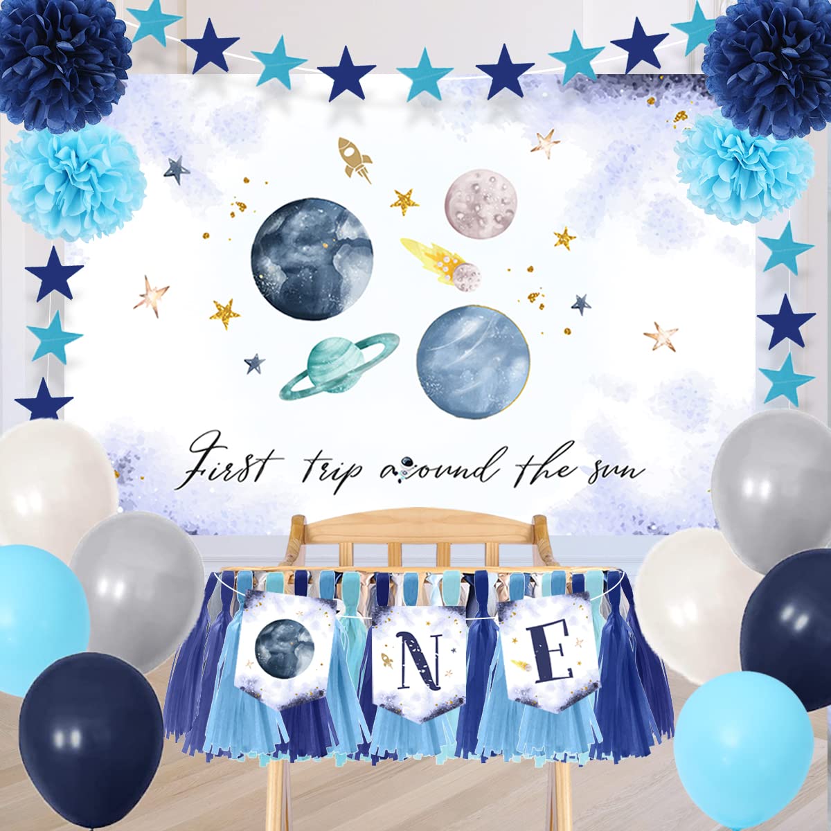 Outer Space Theme 1st Birthday Decorations Set - First Trip Around The Sun Banner, High Chair Decor & Party Supplies for Boys | Perfect for Space-Themed Birthday Parties, Baby Showers & Celestial Celebrations