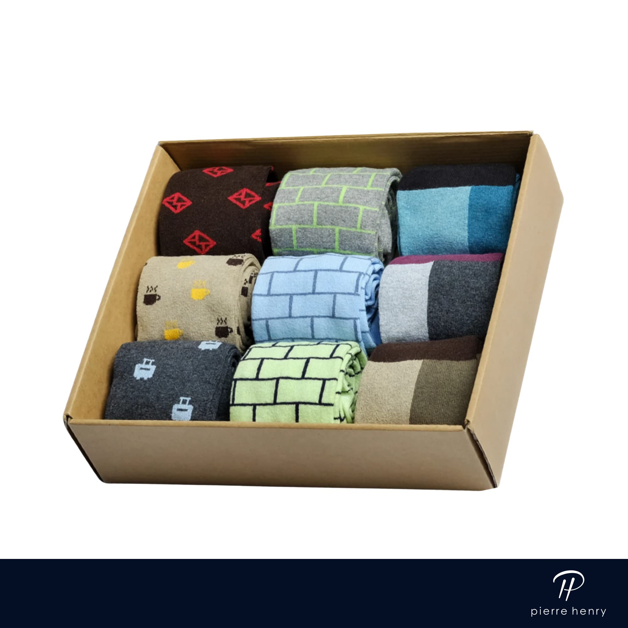 Pierre Henry Men's Over the Calf Dress Socks - 9 Pairs Colorful Cotton Funky Socks for Business, Casual & Formal Wear | Perfect for Office, Weddings & Special Occasions