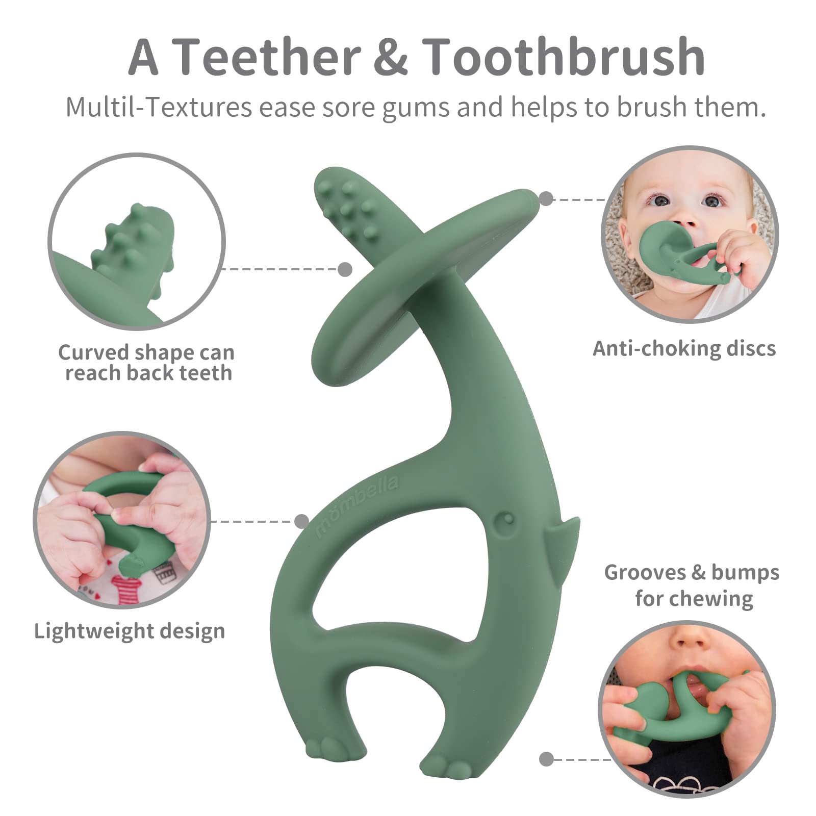 Mombella Dancing Elephant Teether Toy - Soft Silicone Baby Chew Toy with Strap & Clip for 3-12 Months - Freezable Teething Relief for Infants - Perfect Newborn Gift (Light Green) | Ideal for Soothing Sore Gums During Playtime & Travel