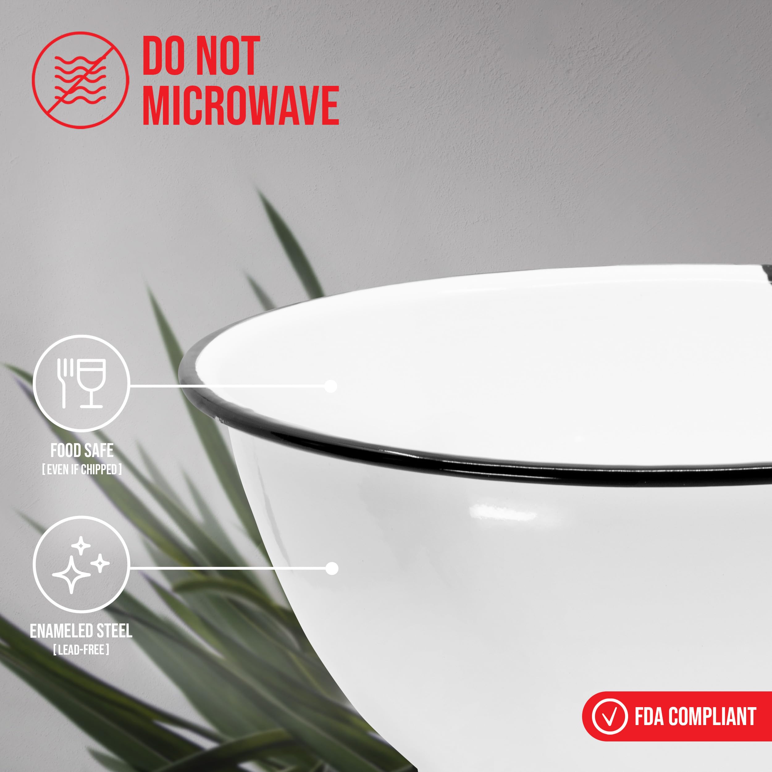 Red Co. Set of 2 Enamelware Metal Large Classic 4 Quart Round Salad Serving Bowls - Distressed White/Black Rim - Perfect for Picnics, BBQs & Farmhouse Kitchen Decor