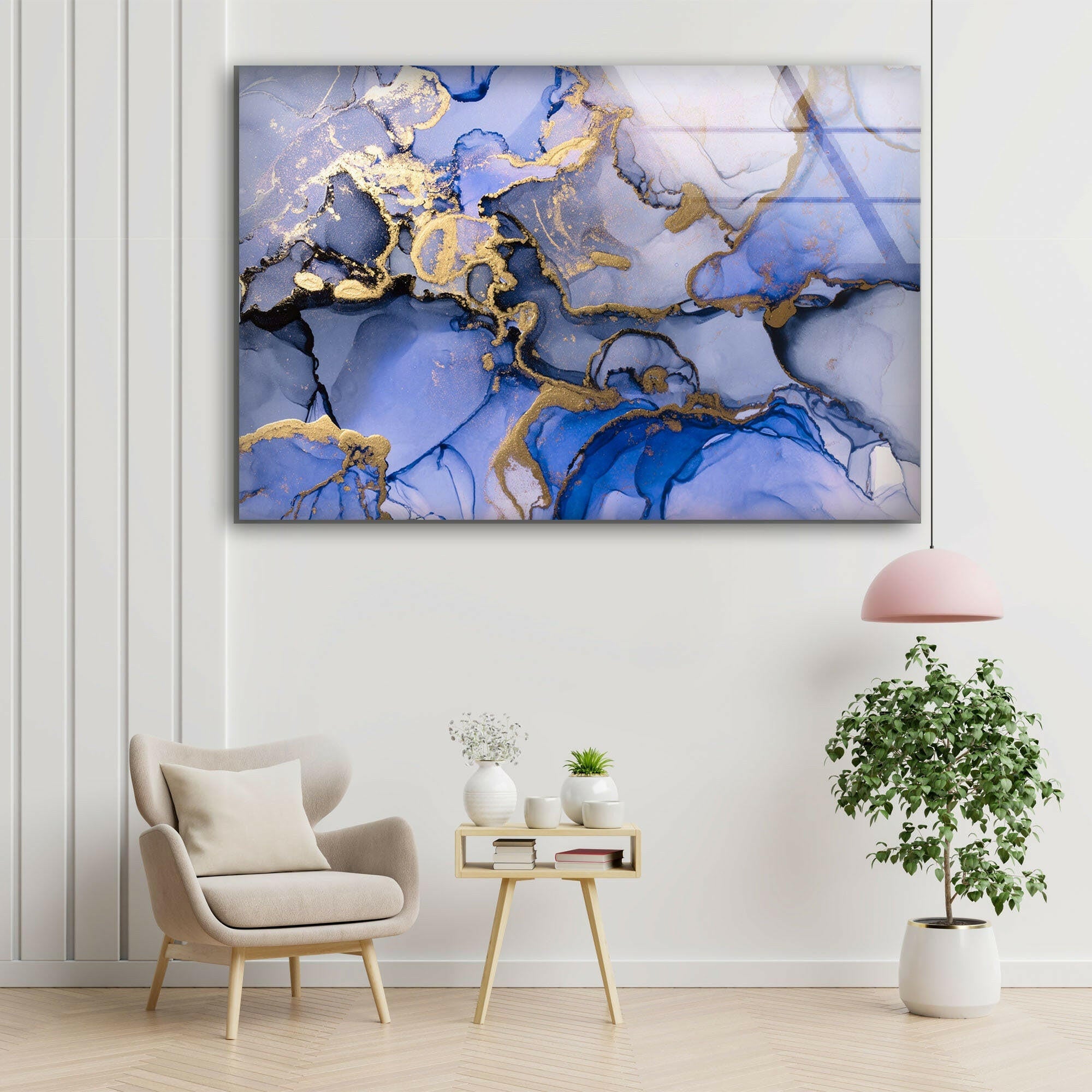 Blue Abstract Alcohol Ink Marble Glass Wall Art - Modern Home Decor for Living Room, Bedroom & Office - Unique Handmade Glass Painting for Wall Display