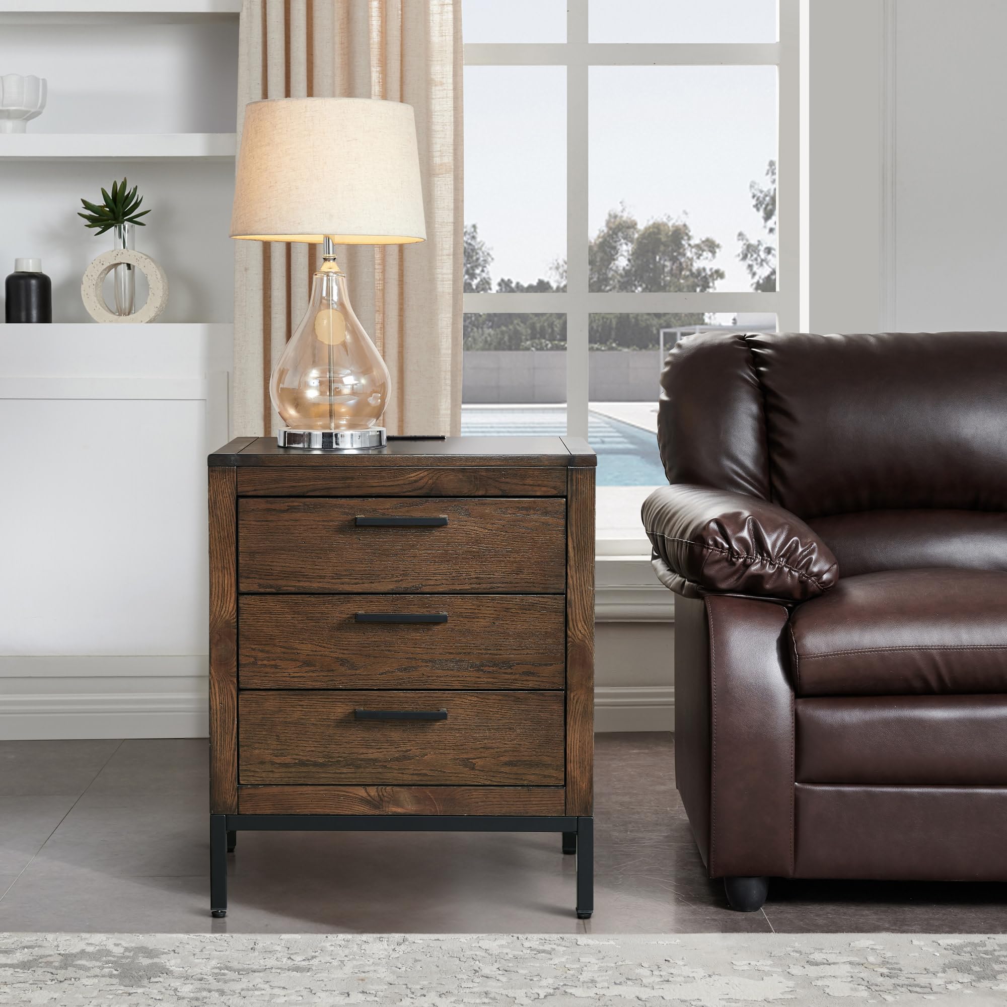 Rustic Modern Nightstand with Drawer & USB-C Fast Charging - Solid Wood Side Table for Bedroom, Living Room & Office - Distressed Riverstone Finish - Perfect for Charging Devices, Storing Essentials & Adding Farmhouse Style to Your Space