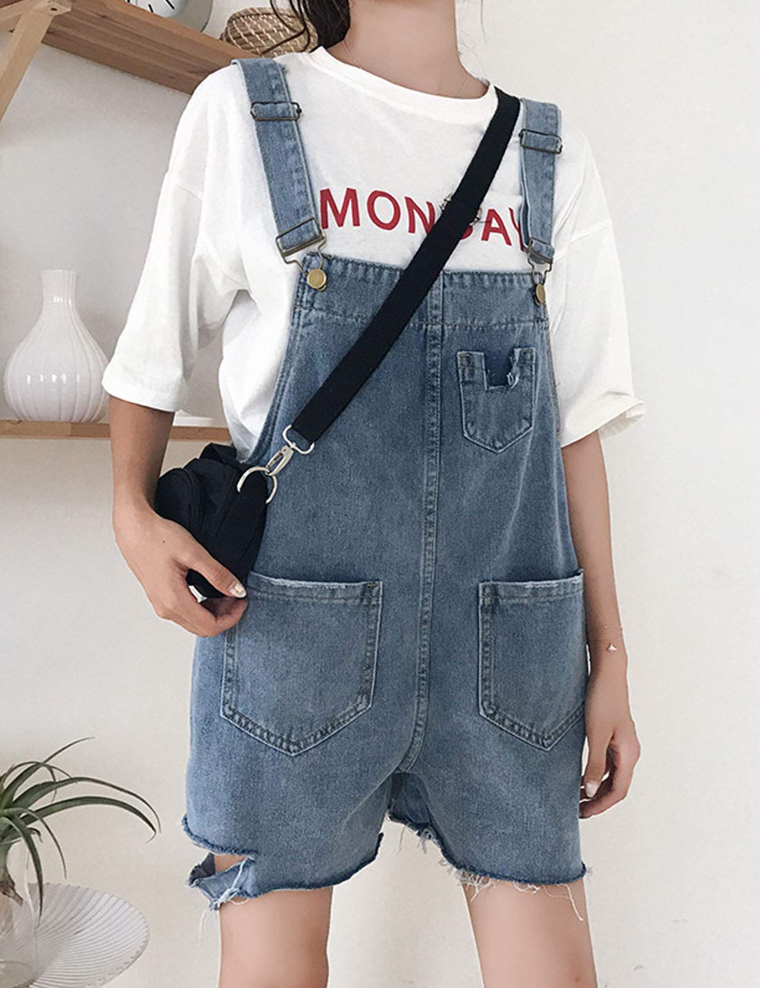 Flygo Women's Juniors Relaxed Fit Raw Hem Ripped Bib Overalls Denim Shortalls - Casual Summer Outfit, Streetwear Fashion, Music Festival Style