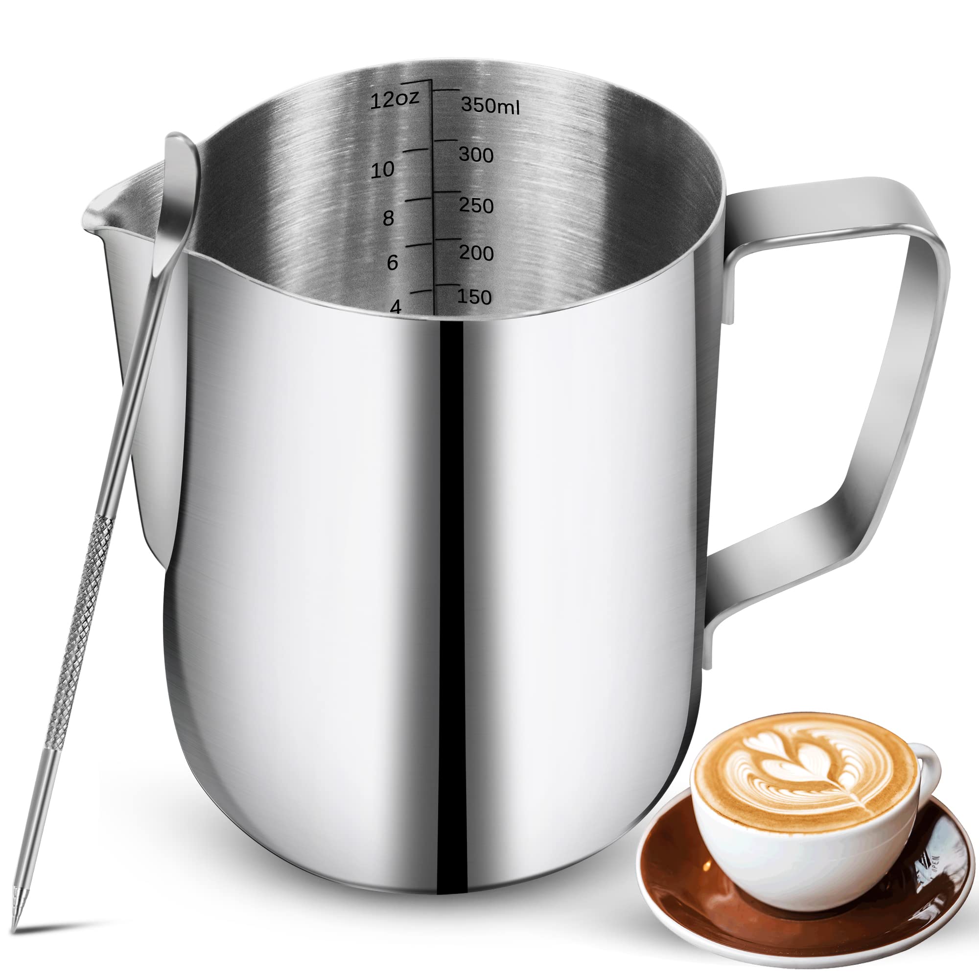 12oz/350ML Stainless Steel Milk Frothing Pitcher for Coffee, Cappuccino & Latte Art - Barista Steaming Jug with Measurement Scale & Decorating Pen - Perfect for Home & Cafe Use (Silver)