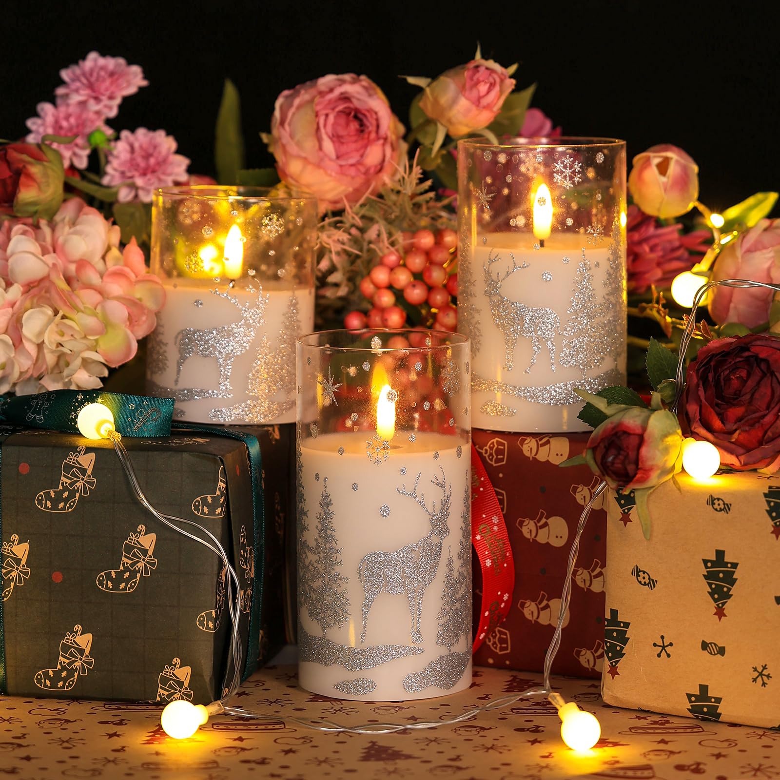 Real Wax LED Flameless Candles with Remote Control - Battery Operated Flickering Candles with Silver Trees & Deer Snowflake Design, Set of 3 - Perfect for Christmas Decor, Holiday Parties & Winter Wonderland Home Decor