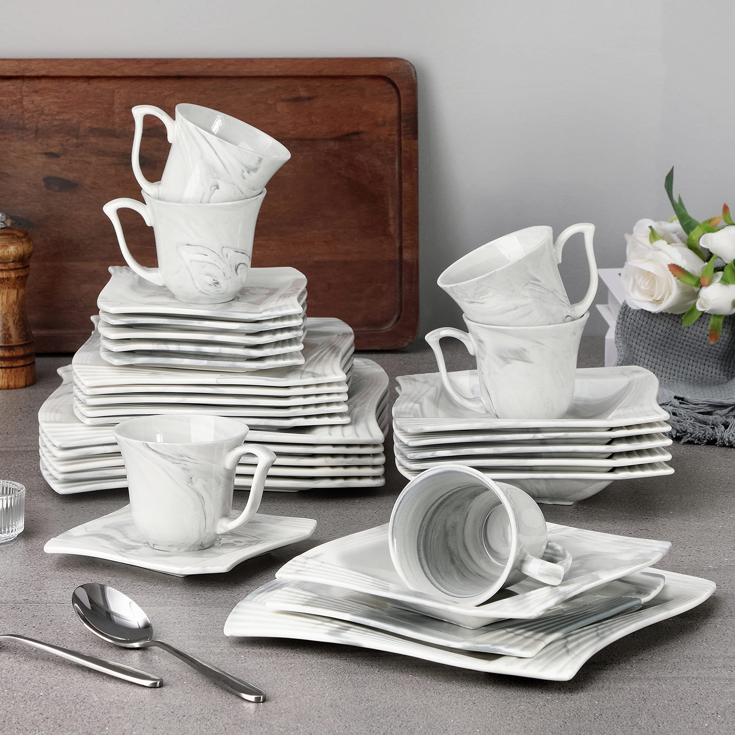 MALACASA 30-Piece Marble Gray Porcelain Dinnerware Set - Plates, Bowls, Cups & Saucers for 6 - Elegant Serving Dishes for Dining, Entertaining & Special Occasions - Amparo Series