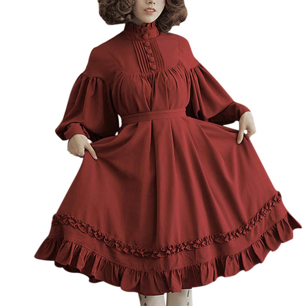 LEKODE Women's Elegant Solid Color Dress with Ruffles & Lantern Sleeves, Belted Waist A-Line Skirt for Office, Party, and Special Occasions