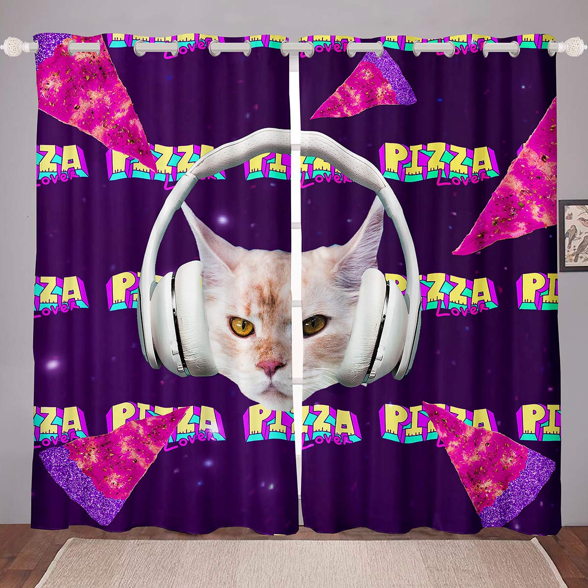 3D Cat Headset Pattern Window Curtain Panels - Purple Pizza Food Design Brushed Fabric for Living Room, Bedroom, Kids Room - 2 Panel Set (104W x 63L Inches) - Perfect for Pet Lovers & Themed Decor