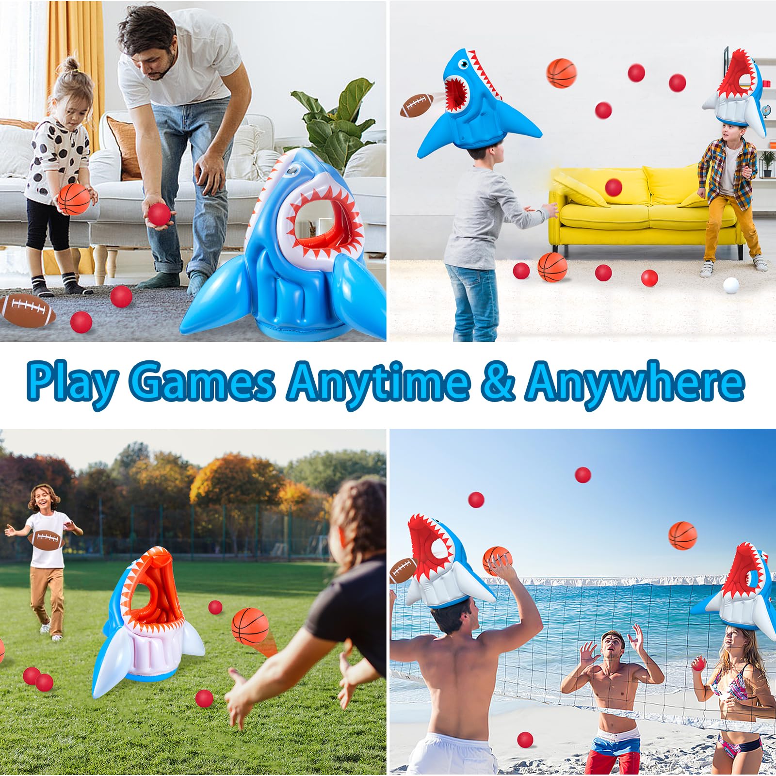 **Inflatable Pool Game Toys Set - 3-in-1 Shark Water Floats, Basketball Hoop, Football & Head Hoop Ball for Kids & Adults | Perfect for Summer, Beach, Pool Parties, Birthdays & Outdoor Family Fun**